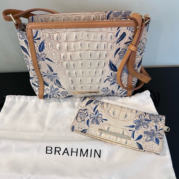 Brahmin Handbags - Brahmin Cream and Blue Floral Shoulder Bag